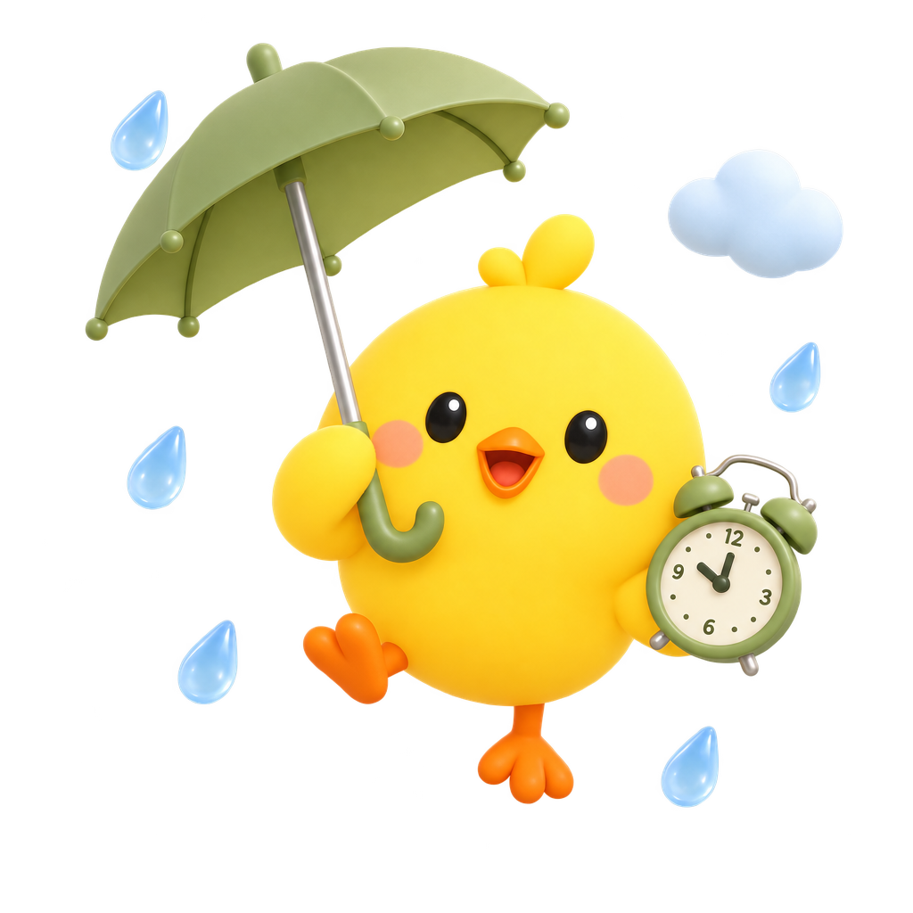 傘を持って朝8時の雨を知らせるみも
